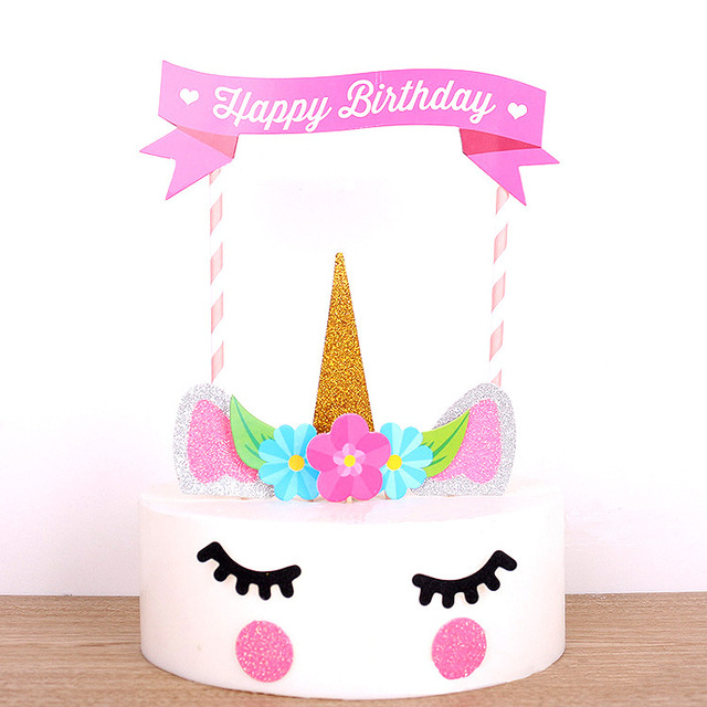 Zestaw dekoracji tortu Handmade z jednorożcem i flagami na urodziny dla dzieci - różowy - Wianko - 2