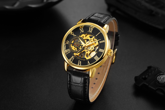 Męski zegarek mechaniczny Forsining z 3D Dial i złotą kopertą, skórzany pasek, Skeleton - luksusowy model od marki Relogio Masculino - Wianko - 7