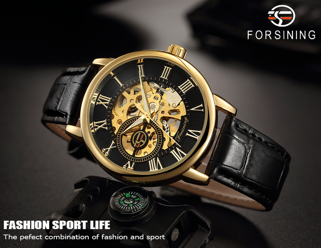 Męski zegarek mechaniczny Forsining z 3D Dial i złotą kopertą, skórzany pasek, Skeleton - luksusowy model od marki Relogio Masculino - Wianko - 1