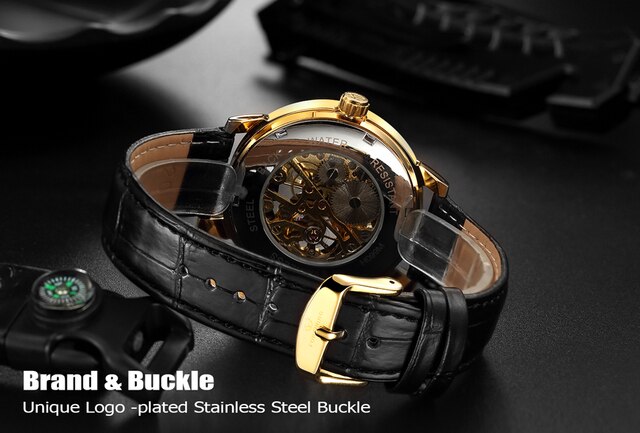 Męski zegarek mechaniczny Forsining z 3D Dial i złotą kopertą, skórzany pasek, Skeleton - luksusowy model od marki Relogio Masculino - Wianko - 5