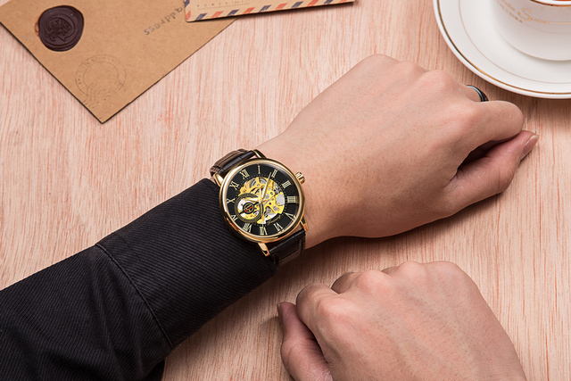 Męski zegarek mechaniczny Forsining z 3D Dial i złotą kopertą, skórzany pasek, Skeleton - luksusowy model od marki Relogio Masculino - Wianko - 9