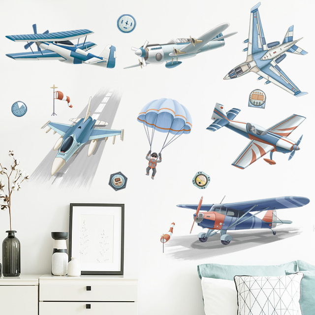 Naklejki ścienne BRUP samolot niebieski do dekoracji pokoju chłopca i salonu, sypialni dziecięcej - Wianko - 2