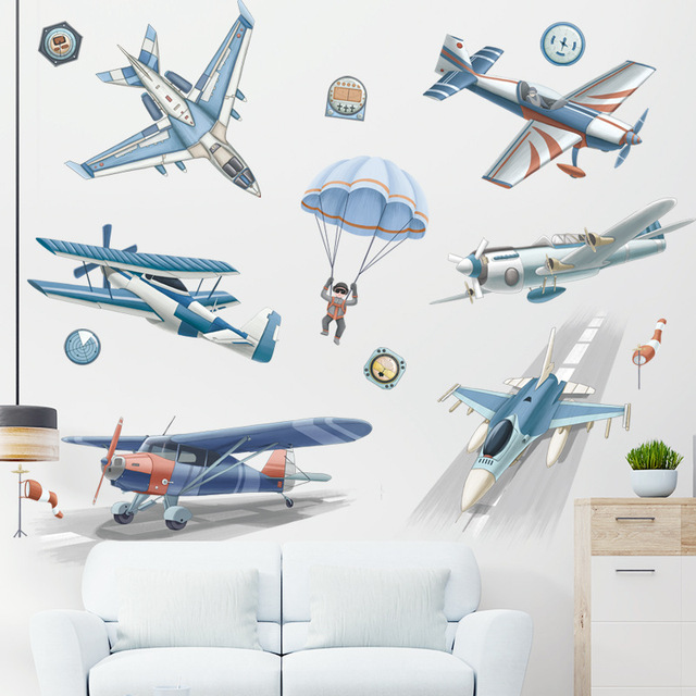 Naklejki ścienne BRUP samolot niebieski do dekoracji pokoju chłopca i salonu, sypialni dziecięcej - Wianko - 5