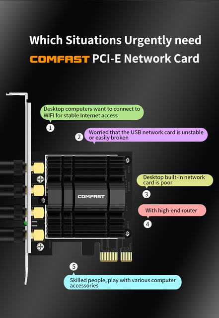 Karta sieciowa PCI-E z dwuzakresowym adapterem bezprzewodowym 2.4G + 5.8GHz o prędkości 1750 mb/s z 4 antenami dookólnymi 3dBi, obsługująca MU-MIMO, kompatybilna z systemami Win7/10 - Wianko - 3