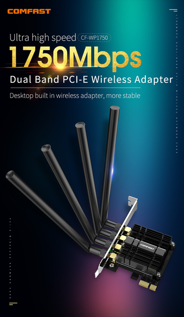 Karta sieciowa PCI-E z dwuzakresowym adapterem bezprzewodowym 2.4G + 5.8GHz o prędkości 1750 mb/s z 4 antenami dookólnymi 3dBi, obsługująca MU-MIMO, kompatybilna z systemami Win7/10 - Wianko - 1