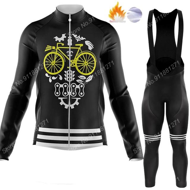 2021 Czaszka Jazda na Rowerze Zestaw Koszulek Męskich Zimowych Retro z Długim Rękawem MTB Bike Spodnie na Szelkach Ropa Ciclismo - Wianko - 2