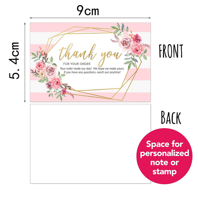 Podziękowania na kartce - różowe kwiaty, 10-30 sztuk, 9cm x 5.4cm - pakiet urodziny, wesele, wakacje, małe firmy - Wianko - 2