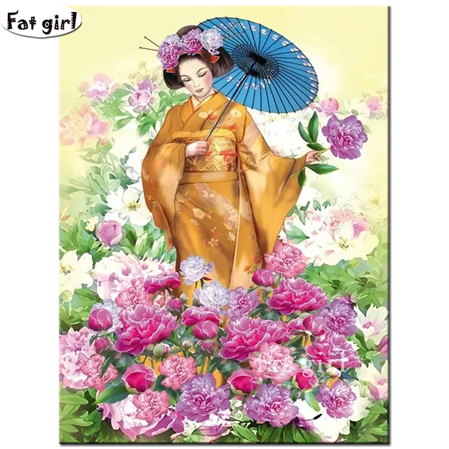 Obraz diamentowy japońska gejsza pełna kimono, kwadratowy/okrągły haft mozaika, piwonia - DIY 5D, sztuka naklejka - Wianko - 2