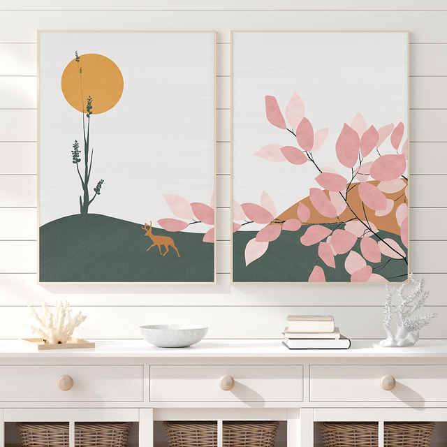 Abstrakcyjny różowy obraz ścienny na płótnie z motywem minimalistycznego łoś- Nordic plakat do dekoracji salonu i sypialni - Wianko - 2
