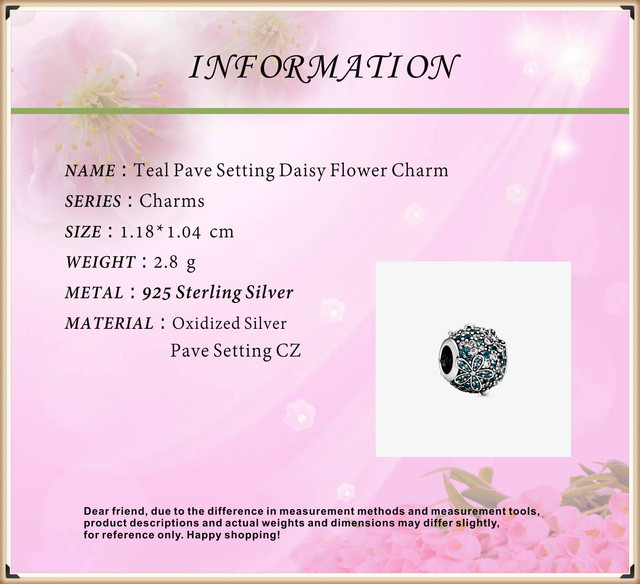 Koraliki 925 srebro Teal Pave z koralikami Daisy Flower Charms - do bransoletek Pandora - Wianko - 1