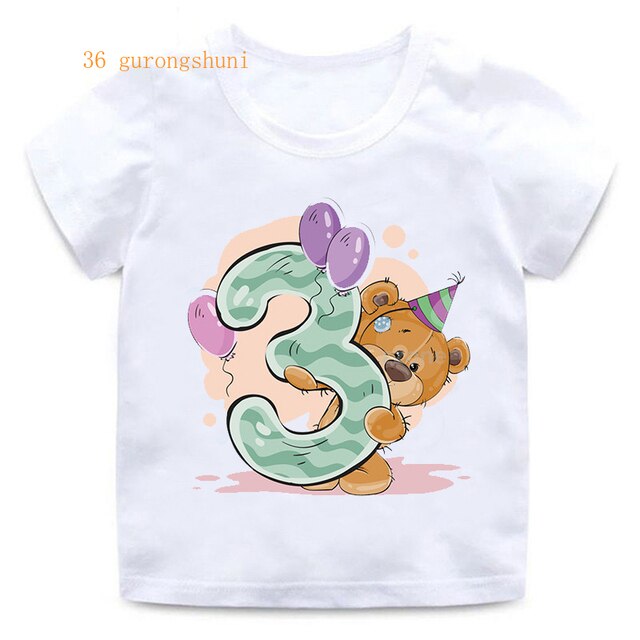 Koszulka dziewczęca z krótkim rękawem, z nadrukiem niedźwiedzia i numerem 12, 3, 4, 8, 9, idealna na urodziny - Wianko - 13