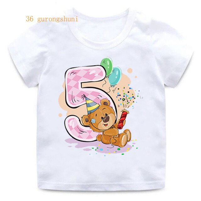 Koszulka dziewczęca z krótkim rękawem, z nadrukiem niedźwiedzia i numerem 12, 3, 4, 8, 9, idealna na urodziny - Wianko - 15