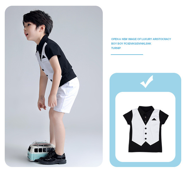 Garnitur chłopięcy z dwoma fałszywymi koszulkami krótkim rękawem, klasycznym mundurkiem szkolnym oraz zestawem ubrań dla niemowląt - Wianko - 2