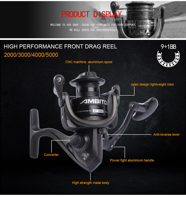 Kołowrotek spinningowy W.P.E AMBITOR z 9 + 1 łożyskami kulkowymi o prędkości przekładni 5.1:1, z wymiennymi rękojeściami lewą i prawą od 2000 do 5000 serii - Wianko - 2