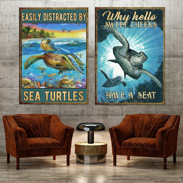 Dziewczyna z zamiłowaniem do żółwi morskich i słodkimi policzkami - plakat vintage w oceanicznym stylu - Wianko - 2