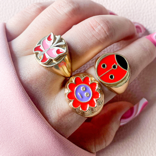 Zestaw pierścieni Vintage Multicolor z motywem owada i motyla, delikatne pierścionki w kształcie serca, wykonane z metalu w kolorze złotym - biżuteria estetyczna dla kobiet i dziewczyn - Wianko - 14