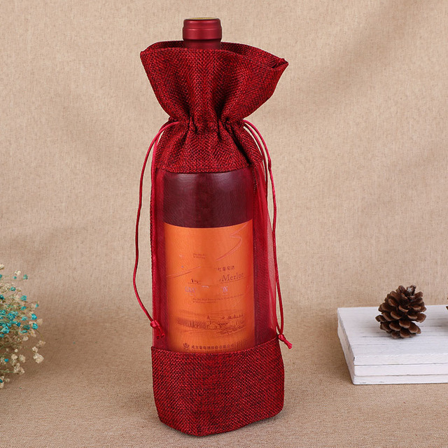 Opakowanie na butelki wina - 10 sztuk naturalnej jutowej pościeli - torby prezentowe ślubne z sznurkiem - przechowywanie w oknie - woreczki organzowe - własne logo - Wianko - 10