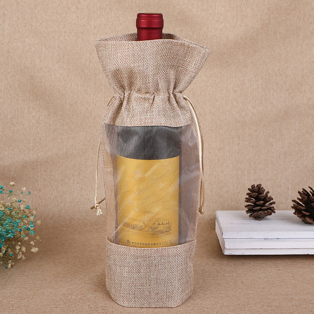 Opakowanie na butelki wina - 10 sztuk naturalnej jutowej pościeli - torby prezentowe ślubne z sznurkiem - przechowywanie w oknie - woreczki organzowe - własne logo - Wianko - 12