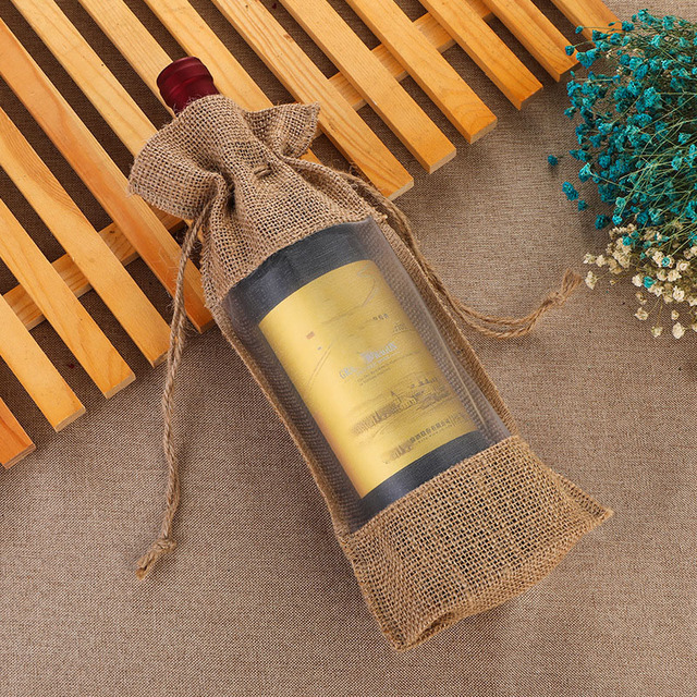 Opakowanie na butelki wina - 10 sztuk naturalnej jutowej pościeli - torby prezentowe ślubne z sznurkiem - przechowywanie w oknie - woreczki organzowe - własne logo - Wianko - 1