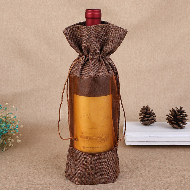 Opakowanie na butelki wina - 10 sztuk naturalnej jutowej pościeli - torby prezentowe ślubne z sznurkiem - przechowywanie w oknie - woreczki organzowe - własne logo - Wianko - 15