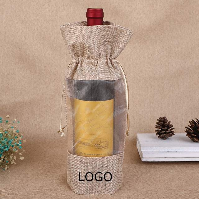 Opakowanie na butelki wina - 10 sztuk naturalnej jutowej pościeli - torby prezentowe ślubne z sznurkiem - przechowywanie w oknie - woreczki organzowe - własne logo - Wianko - 13