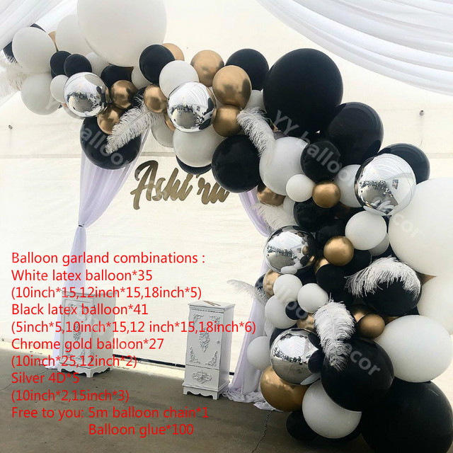 Zestaw 108 białych i czarnych balonów lateksowych do dekoracji ślubnych i urodzinowych w kolorze metalicznej złotej girlandy - Wianko - 2