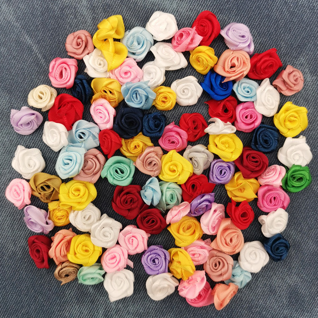 Małe satynowe wstążkowe różowe róże DIY (100 szt./paczka) 15mm - ślub, scrapbooking, dekoracja - Wianko - 4