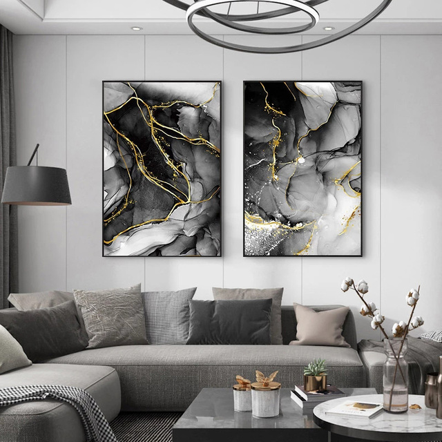 Nowoczesne abstrakcyjne czarne złoto płótno - plakat malarstwa nordyckiego do salonu, wystrój wnętrz - Wianko - 2