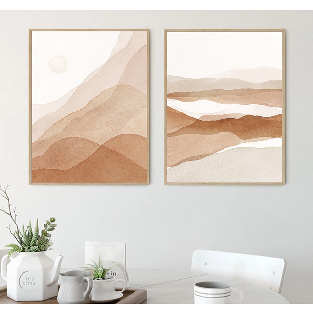 Malarstwo artystyczne na płótnie o tematyce krajobrazu górskiego ze słońcem i streszczeniem; minimalistyczny plakat na ścianę o geometrii; ozdoba wnętrza w stylu Boho - Wianko - 4