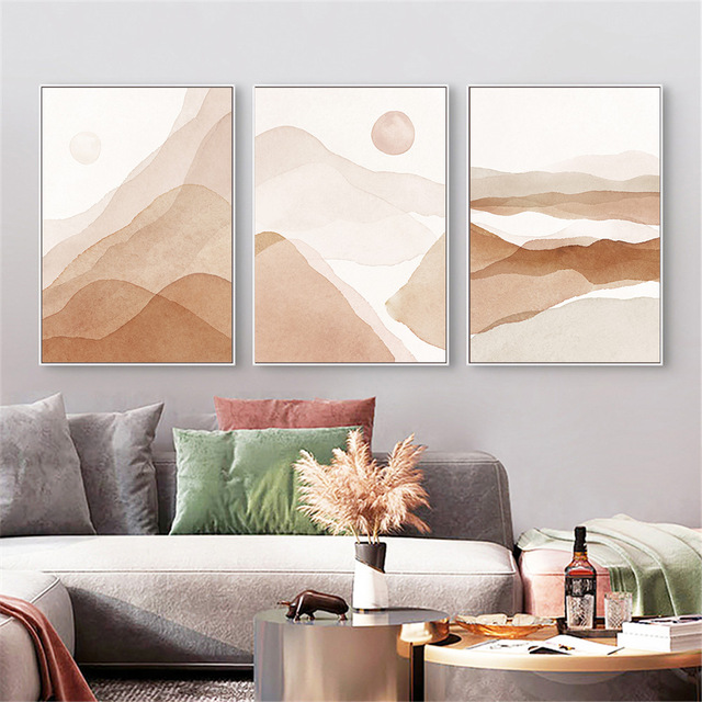 Malarstwo artystyczne na płótnie o tematyce krajobrazu górskiego ze słońcem i streszczeniem; minimalistyczny plakat na ścianę o geometrii; ozdoba wnętrza w stylu Boho - Wianko - 1