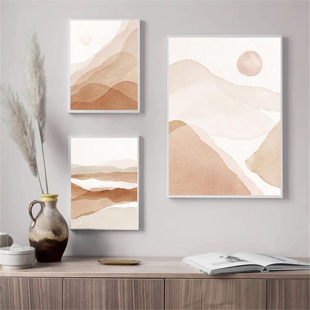 Malarstwo artystyczne na płótnie o tematyce krajobrazu górskiego ze słońcem i streszczeniem; minimalistyczny plakat na ścianę o geometrii; ozdoba wnętrza w stylu Boho - Wianko - 3
