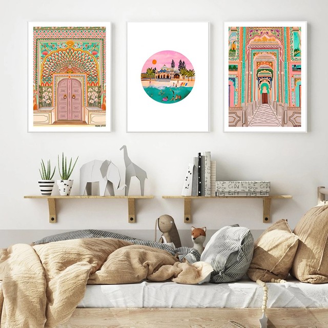 Malarstwo na płótnie - Motyw marokańskiej architektury: różowe drzwi, meczet i liść palmowy - Plakaty i wydruki artystyczne do dekoracji wnętrz - Wianko - 4