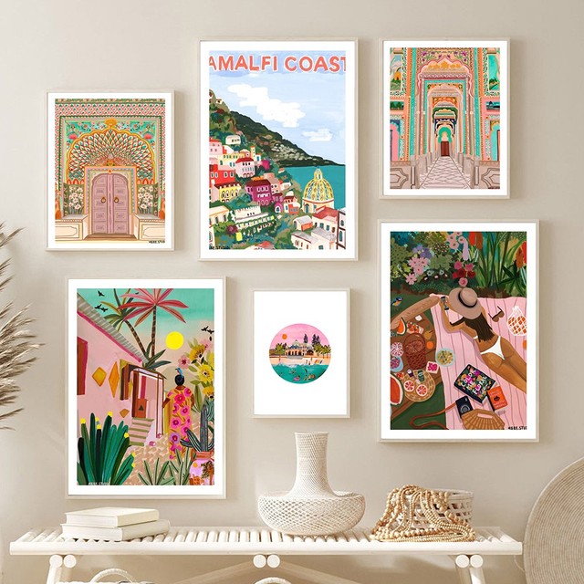 Malarstwo na płótnie - Motyw marokańskiej architektury: różowe drzwi, meczet i liść palmowy - Plakaty i wydruki artystyczne do dekoracji wnętrz - Wianko - 3