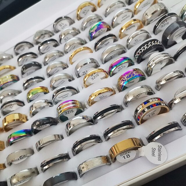 Hurtownia 50 części mix stylowych pierścionków ze stali nierdzewnej, wysoka jakość, dla kobiet i mężczyzn, złoty/czarny/srebrny kolor - Wianko - 3