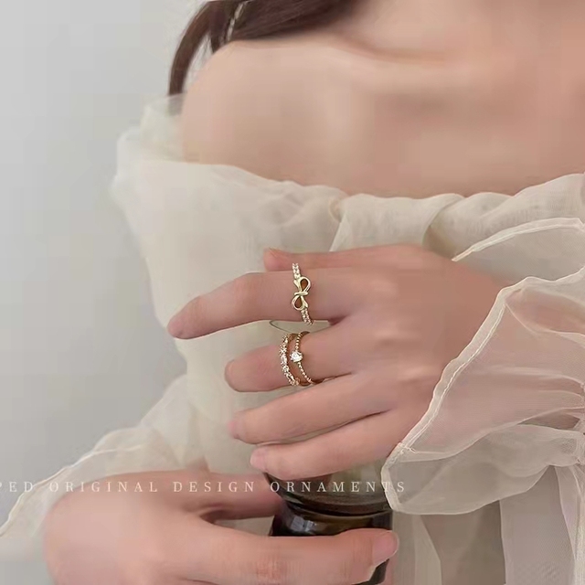Miedziane pierścienie Zircon 【2 sztuki zestaw】 do ślubu - reg. otwierane, w koreańskim stylu - Wianko - 6