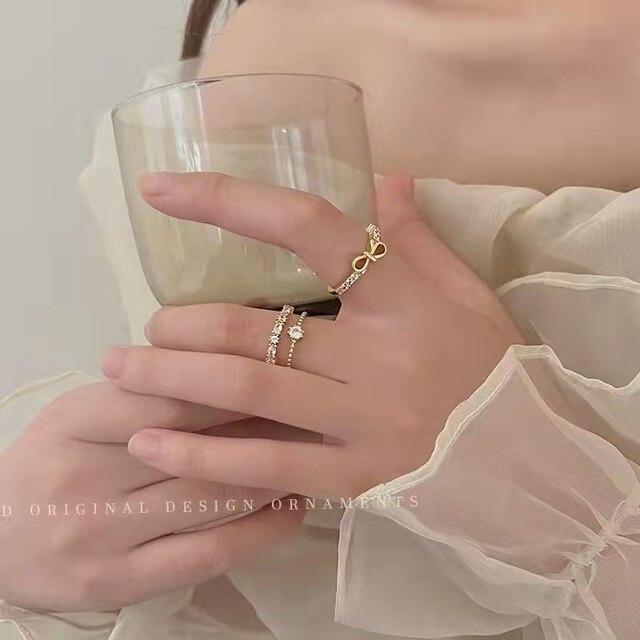 Miedziane pierścienie Zircon 【2 sztuki zestaw】 do ślubu - reg. otwierane, w koreańskim stylu - Wianko - 3