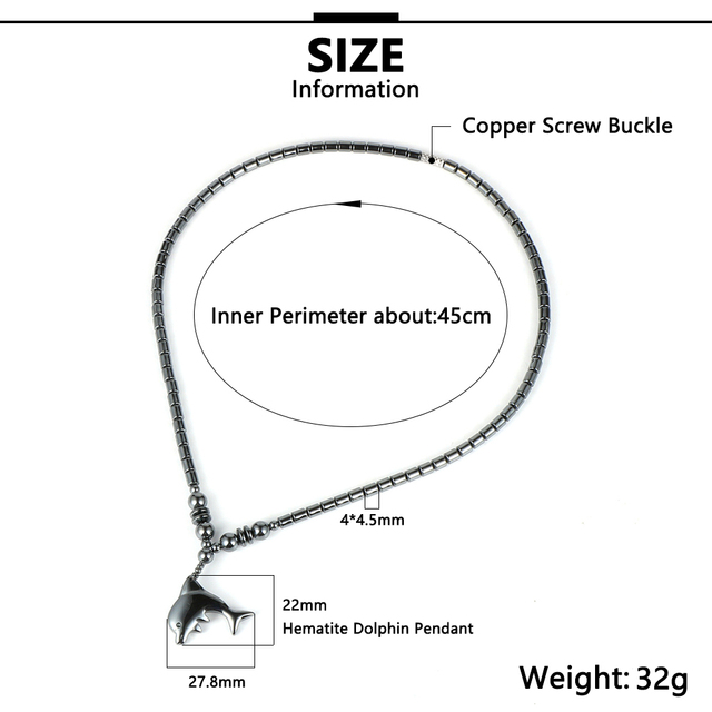 Naszyjnik Unisex z kamieniem naturalnym hematytu w kształcie delfina dla kobiet - czarny, 18 cali - Wianko - 4