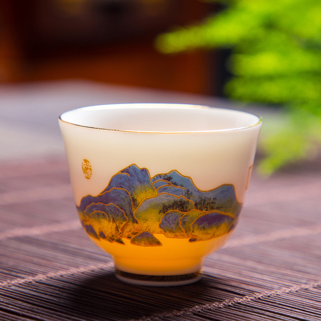 Zestaw 4 filiżanek chińskiej porcelany do kawy i herbaty, dekorowany suet jade - Wianko - 6
