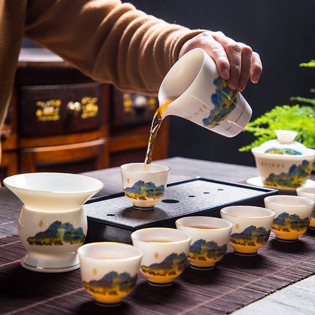 Zestaw 4 filiżanek chińskiej porcelany do kawy i herbaty, dekorowany suet jade - Wianko - 2