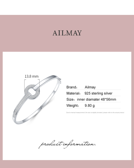 Bransoletka dla kobiet - Ailmay, wykonana z prawdziwego srebra 925, prosta, okrągła, zdobiona czystymi kryształkami CZ - Wianko - 2