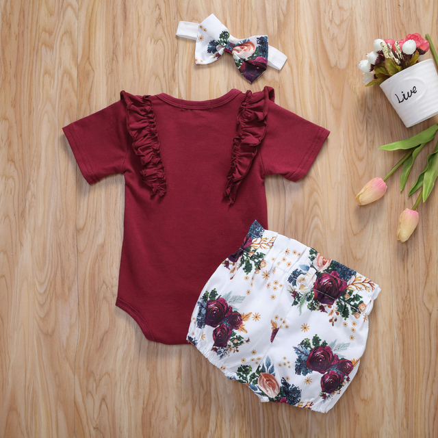 2020 Lato - zestaw ubrań dla malutkiej dziewczynki: body, topy, spodnie, pałąk - kwiatowe serce, szorty - Sunsuit - Wianko - 3