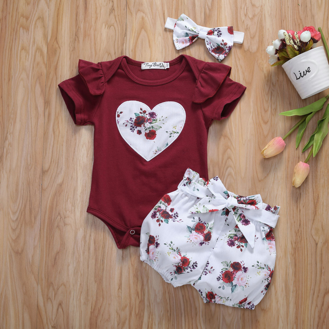 2020 Lato - zestaw ubrań dla malutkiej dziewczynki: body, topy, spodnie, pałąk - kwiatowe serce, szorty - Sunsuit - Wianko - 2