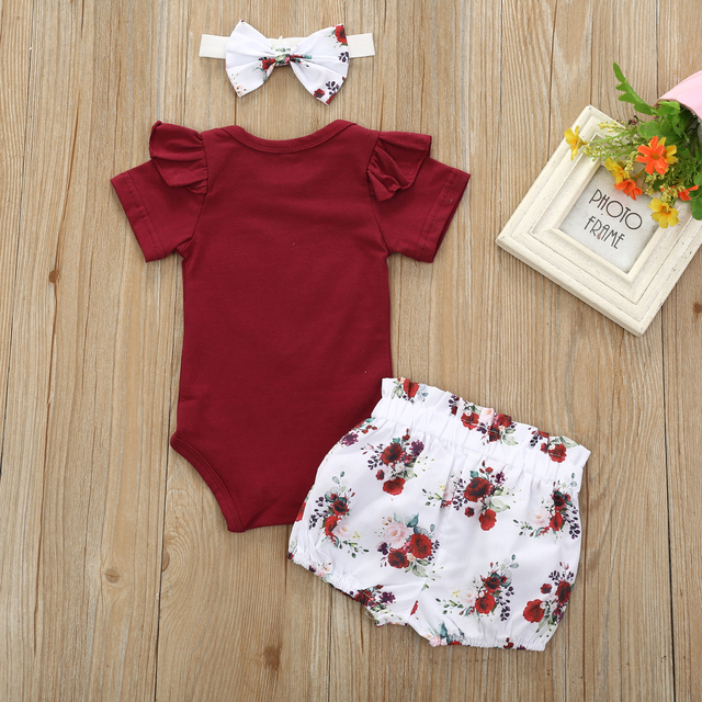 2020 Lato - zestaw ubrań dla malutkiej dziewczynki: body, topy, spodnie, pałąk - kwiatowe serce, szorty - Sunsuit - Wianko - 4