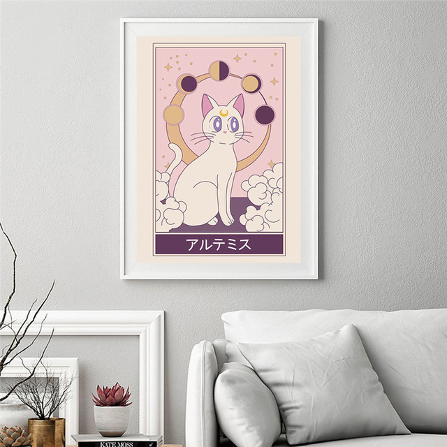 Nordic, ładny czarny kot, płótno malarstwo - japońska kreskówka Anime, biały kot - plakat i druk, dekoracja do pokoju dziewczynki - Wianko - 7