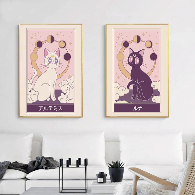 Nordic, ładny czarny kot, płótno malarstwo - japońska kreskówka Anime, biały kot - plakat i druk, dekoracja do pokoju dziewczynki - Wianko - 3