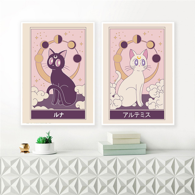 Nordic, ładny czarny kot, płótno malarstwo - japońska kreskówka Anime, biały kot - plakat i druk, dekoracja do pokoju dziewczynki - Wianko - 4