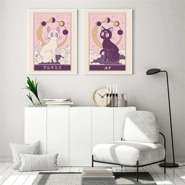 Nordic, ładny czarny kot, płótno malarstwo - japońska kreskówka Anime, biały kot - plakat i druk, dekoracja do pokoju dziewczynki - Wianko - 5