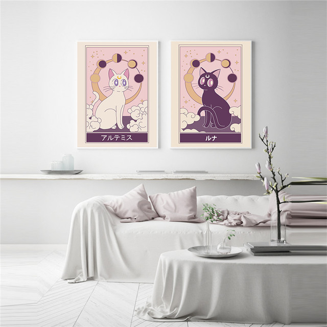 Nordic, ładny czarny kot, płótno malarstwo - japońska kreskówka Anime, biały kot - plakat i druk, dekoracja do pokoju dziewczynki - Wianko - 6