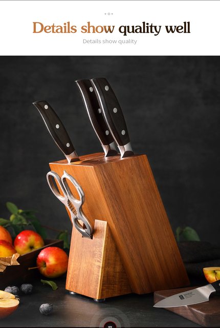 Stojak na noże z blokiem do przechowywania narzędzi kuchennych, wykonany z wysokiej jakości drewna akacjowego, uchwyt wykonany z drewna akacjowego, nożyce o wysokiej jakości - Wianko - 2