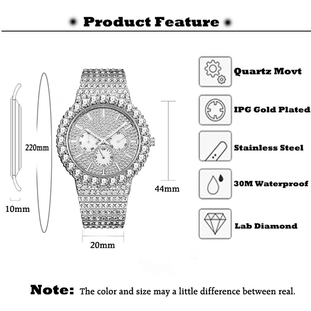Męski zegarek kwarcowy z diamentami Iced Out Bling AAA, wodoszczelny z kalendarzem - Wianko - 2